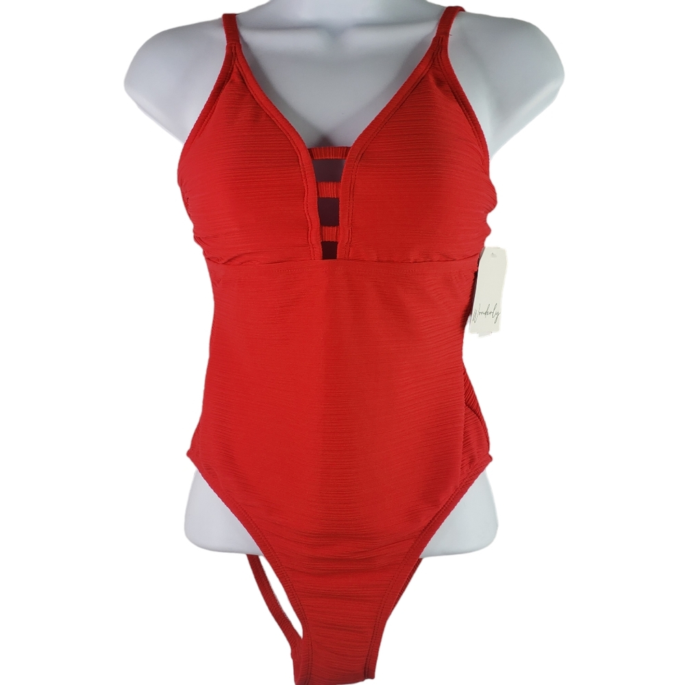 Wonderly Womens Red Ribbed One Piece Swimsuit NWT Memorial Day 4th July Sz Small